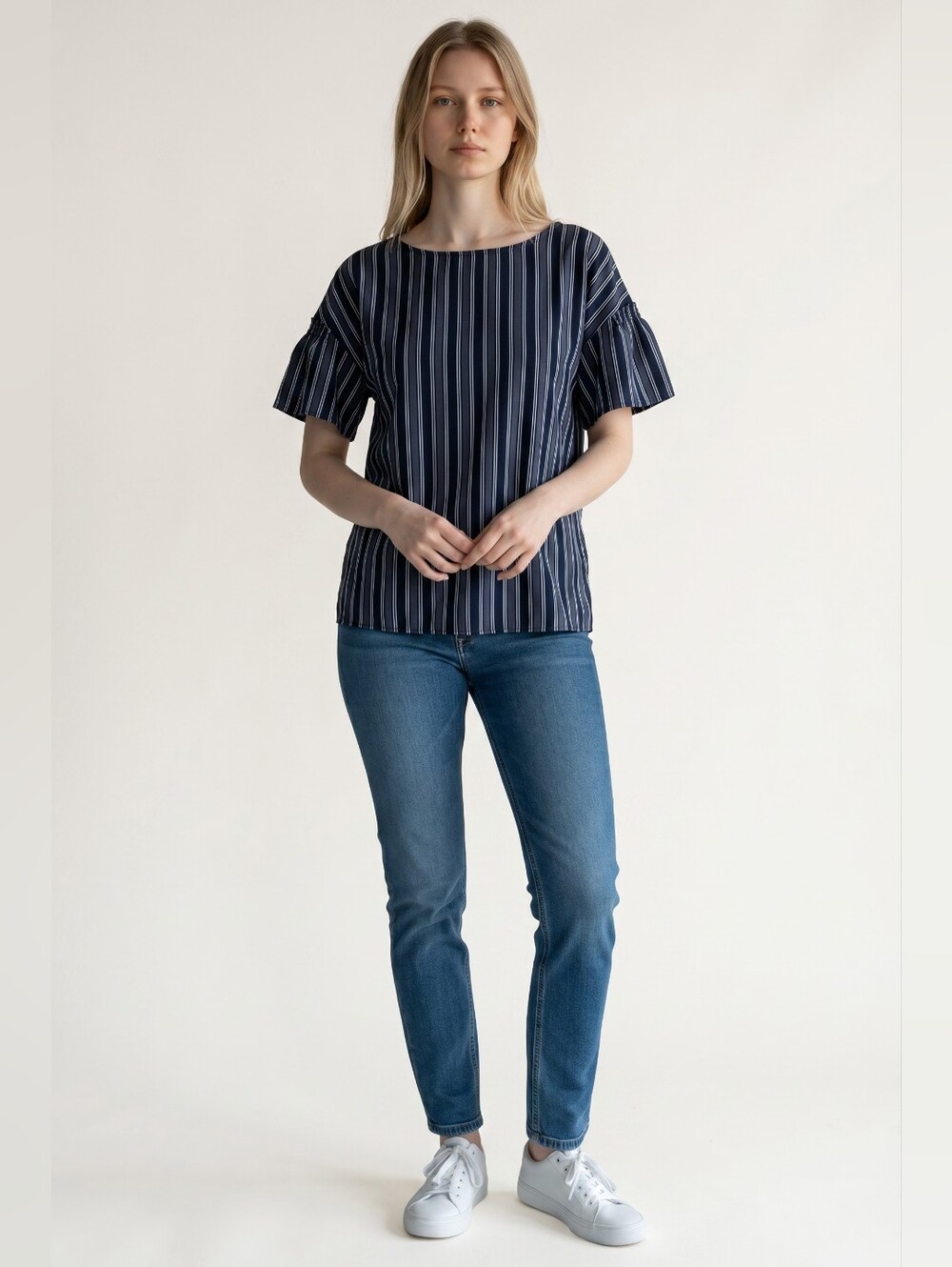 Banana Republic Navy White Striped Flutter Ruffle Sleeve Top Size L
